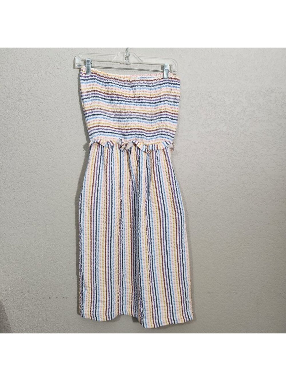 Striped Strapless Smocked Dress By Saturday/Sunday Size L Rainbow Pastel Ru
